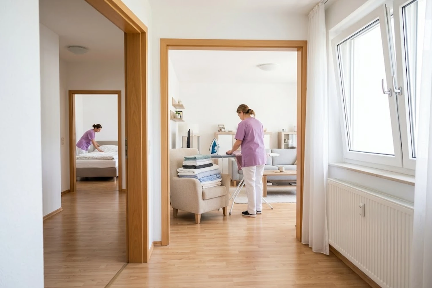 Hauswirtschaft bei Curamore: eine frisch aufgeräumte Wohnung mit gebügelter Wäsche